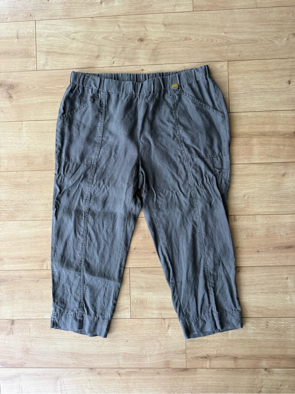 Ellen Tracy 100% Linen Crop Pants Gray Pull On Elastic Waist Size Large